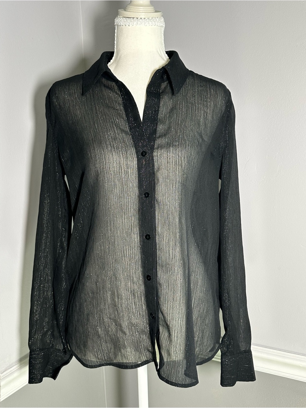 L'AGENCE Black Sheer Metallic Button-Down Shirt Small